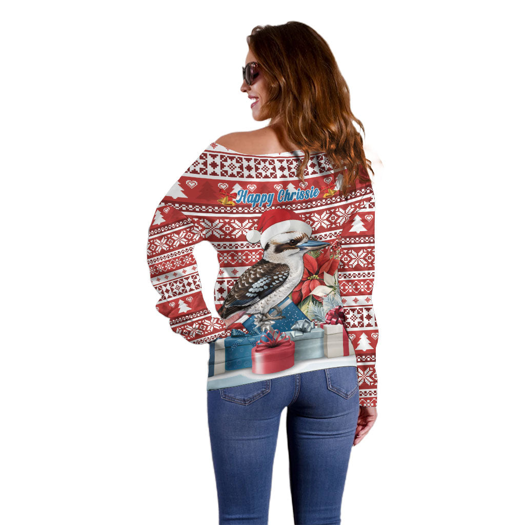 Australia Christmas In July Off Shoulder Sweater Kookaburra Santa Red Color