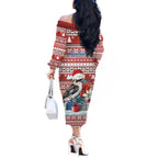 Australia Christmas In July Off The Shoulder Long Sleeve Dress Kookaburra Santa Red Color