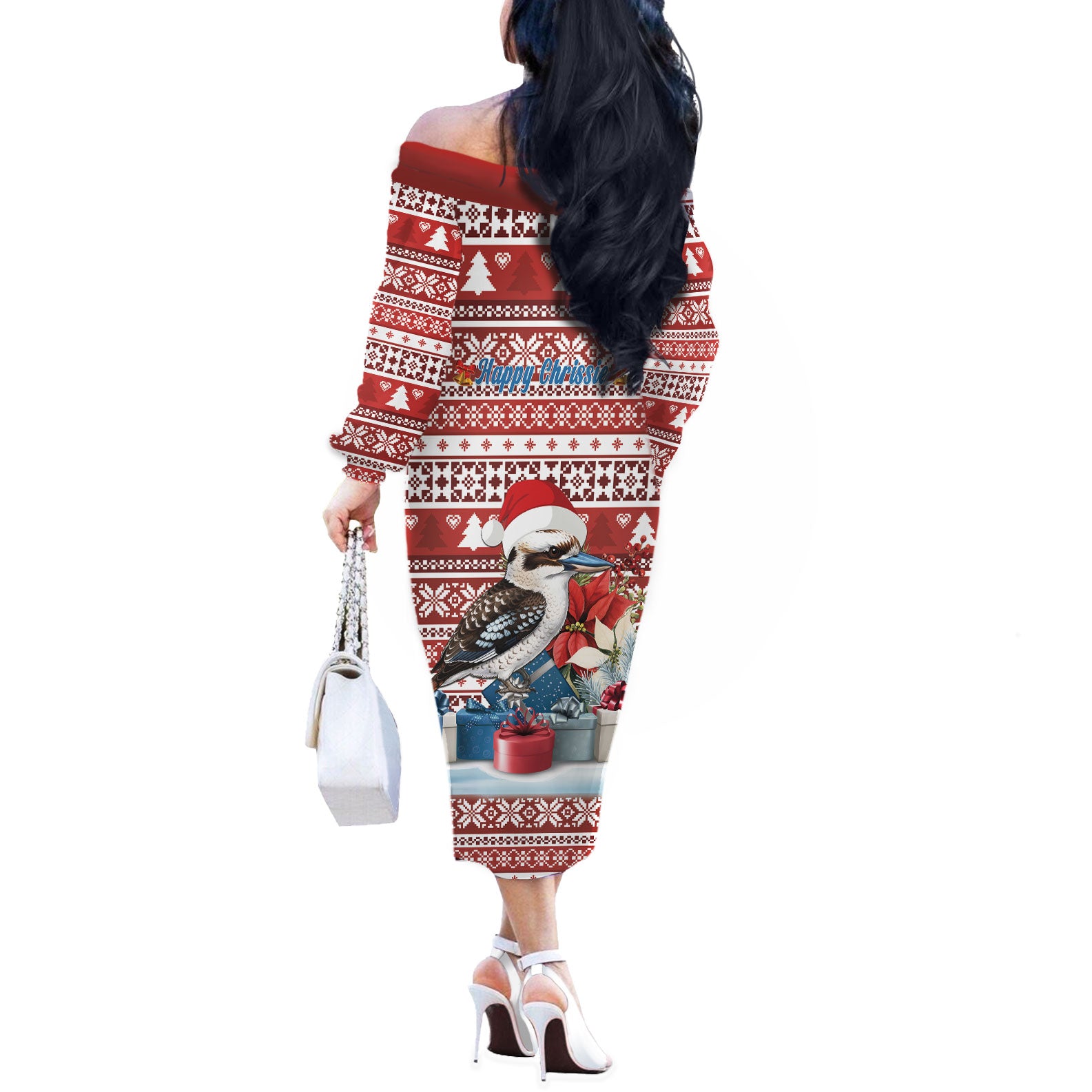 Australia Christmas In July Off The Shoulder Long Sleeve Dress Kookaburra Santa Red Color