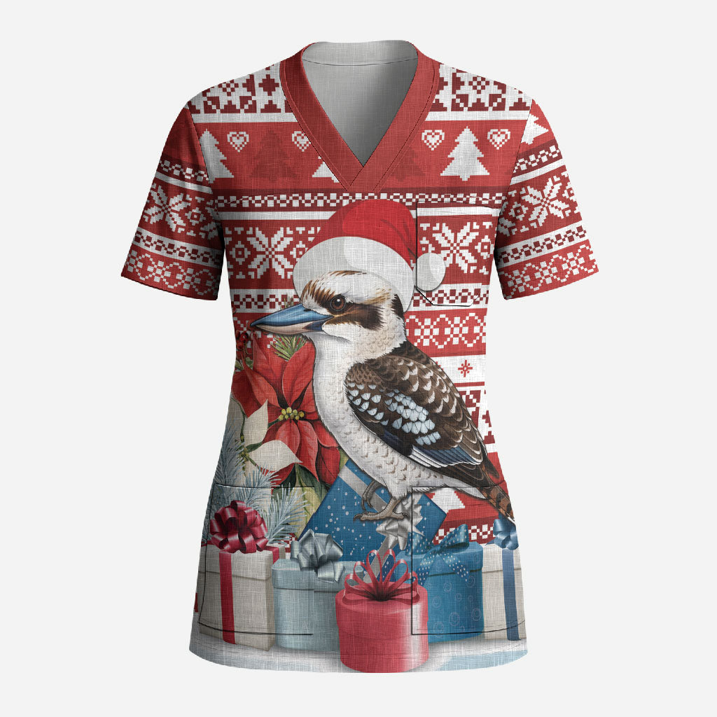 Australia Christmas In July Scrub Top Kookaburra Santa Red Color