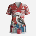 Australia Christmas In July Scrub Top Kookaburra Santa Red Color