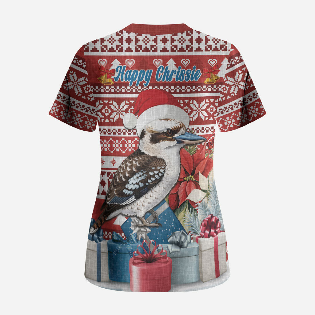 Australia Christmas In July Scrub Top Kookaburra Santa Red Color