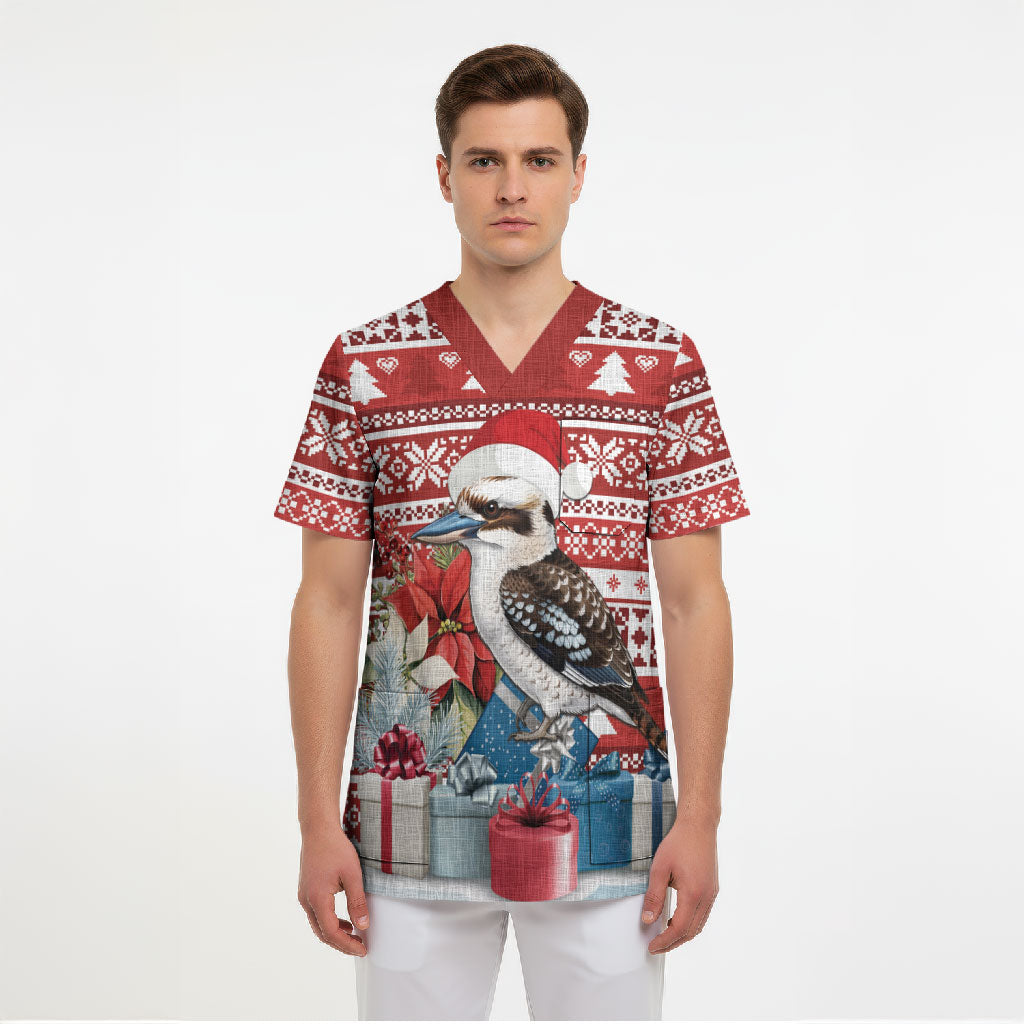 Australia Christmas In July Scrub Top Kookaburra Santa Red Color