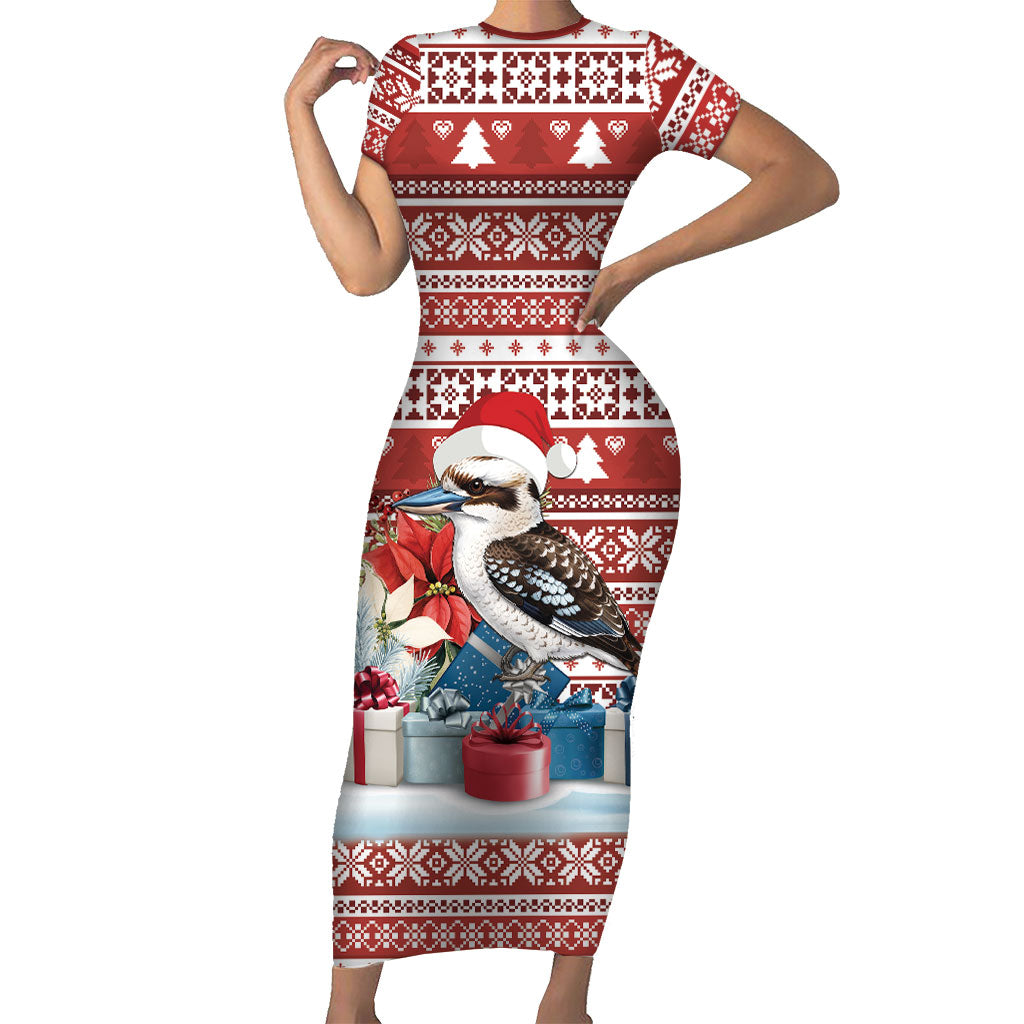 Australia Christmas In July Short Sleeve Bodycon Dress Kookaburra Santa Red Color