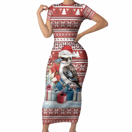 Australia Christmas In July Short Sleeve Bodycon Dress Kookaburra Santa Red Color