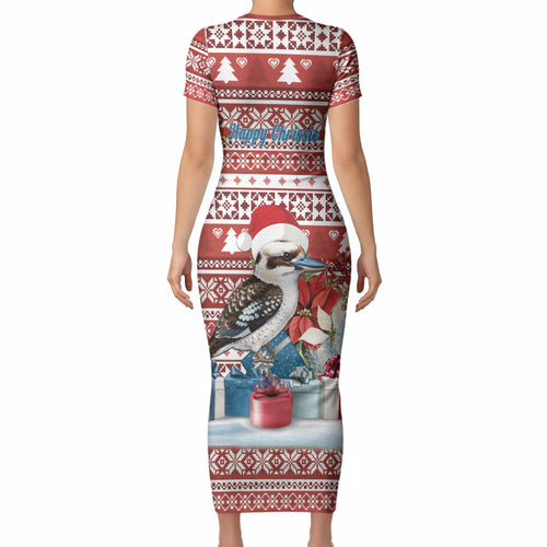 Australia Christmas In July Short Sleeve Bodycon Dress Kookaburra Santa Red Color