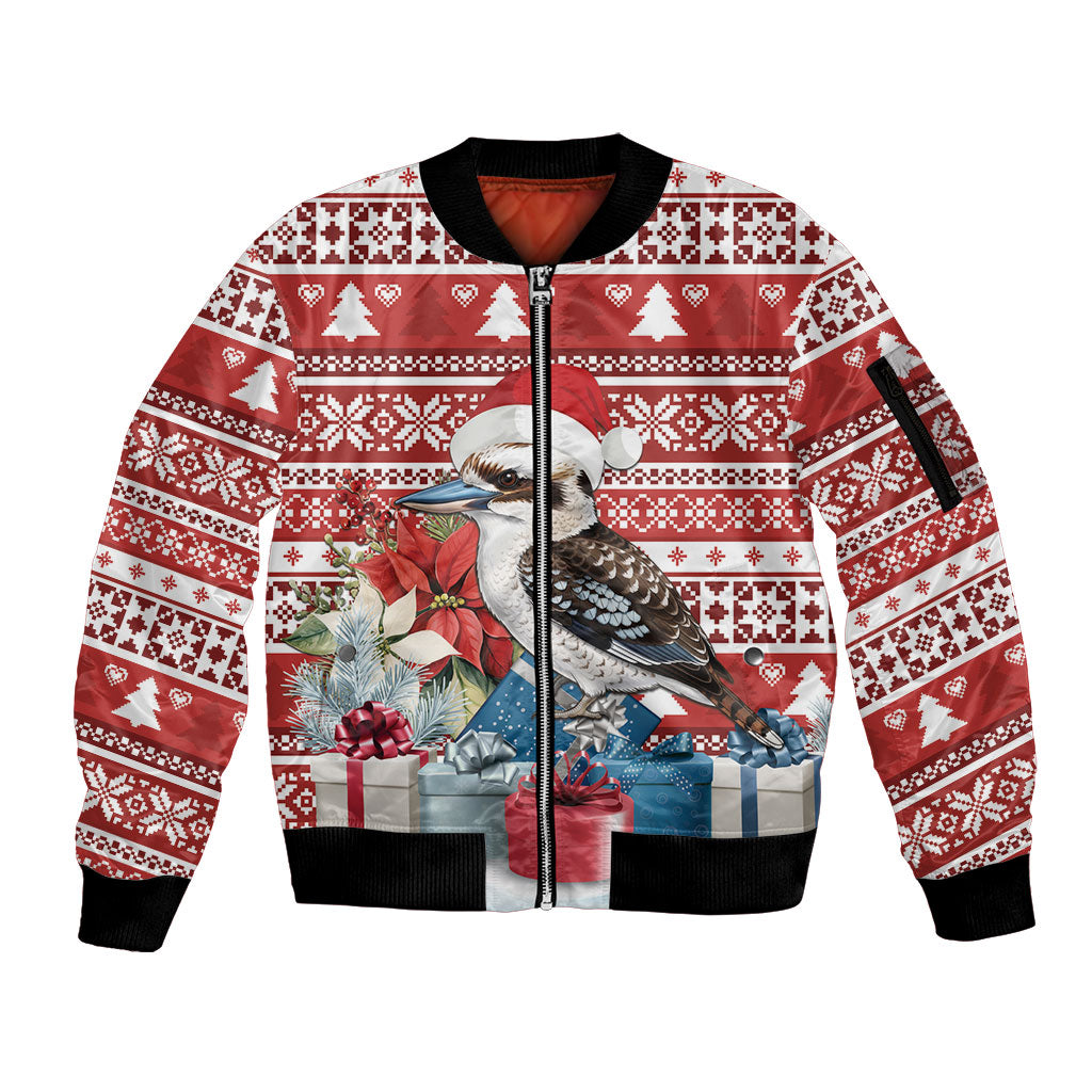 Australia Christmas In July Sleeve Zip Bomber Jacket Kookaburra Santa Red Color