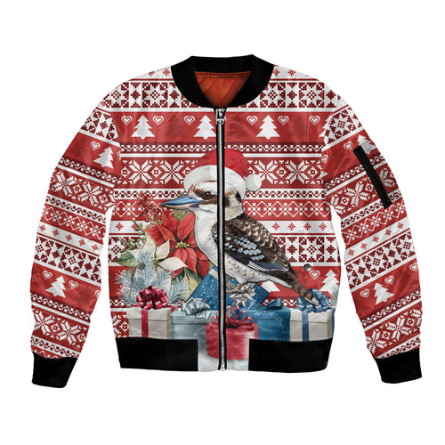 Australia Christmas In July Sleeve Zip Bomber Jacket Kookaburra Santa Red Color