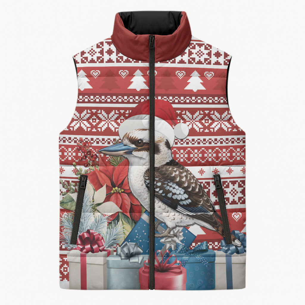 Australia Christmas In July Sleeveless Puffer Jacket Kookaburra Santa Red Color