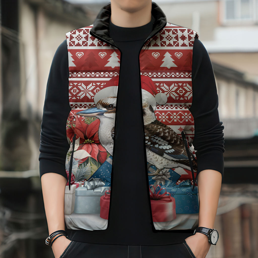 Australia Christmas In July Sleeveless Puffer Jacket Kookaburra Santa Red Color