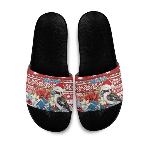 Australia Christmas In July Slide Sandals Kookaburra Santa Red Color