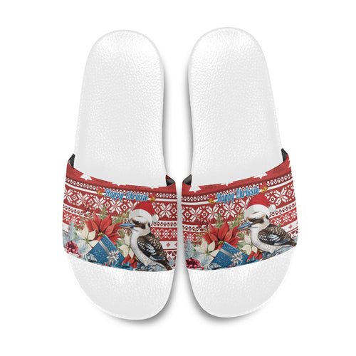 Australia Christmas In July Slide Sandals Kookaburra Santa Red Color
