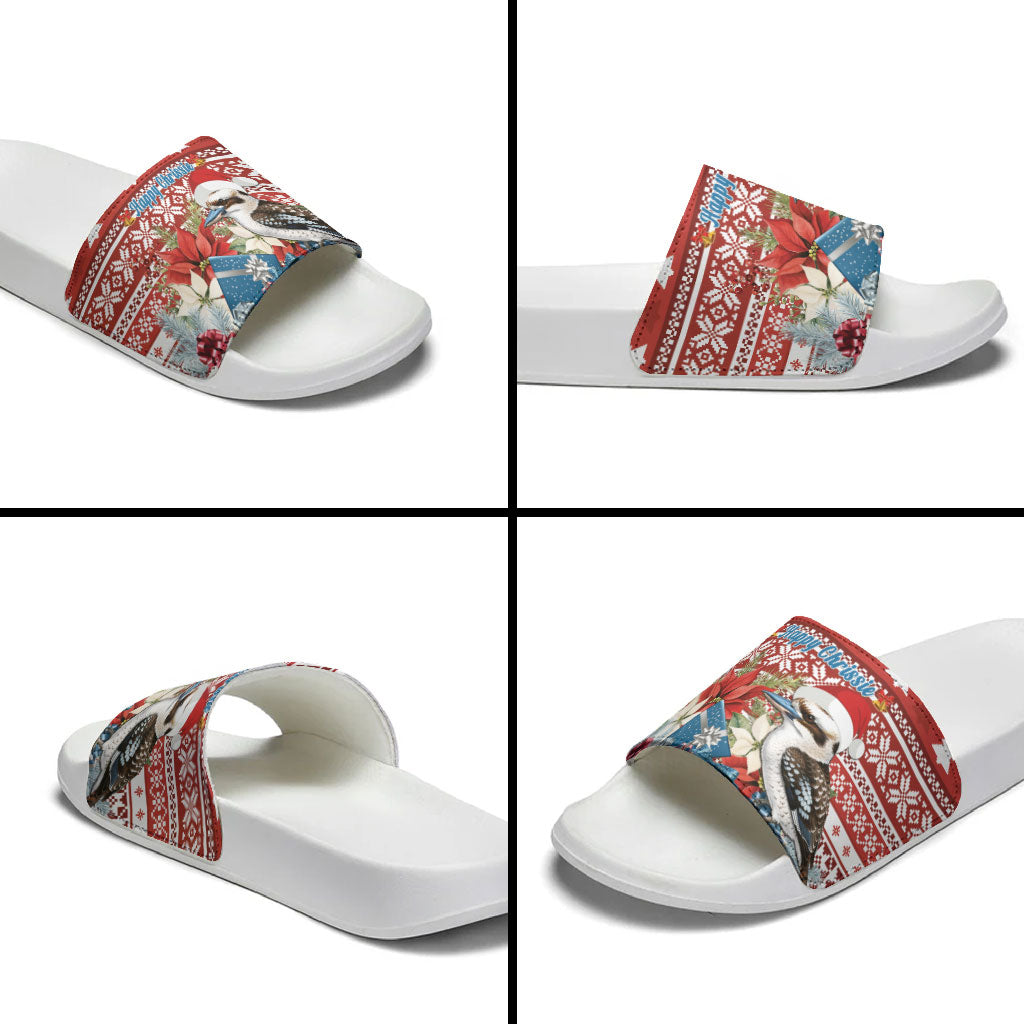 Australia Christmas In July Slide Sandals Kookaburra Santa Red Color