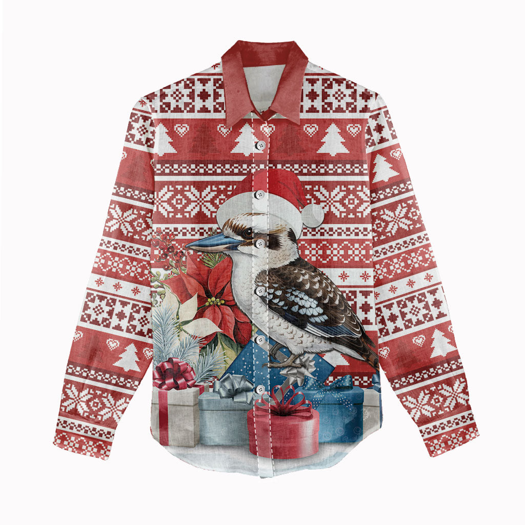 Australia Christmas In July Women Casual Shirt Kookaburra Santa Red Color