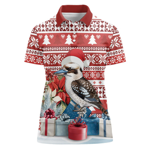 Australia Christmas In July Women Polo Shirt Kookaburra Santa Red Color