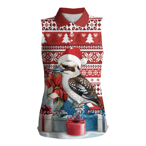 Australia Christmas In July Women Sleeveless Polo Shirt Kookaburra Santa Red Color