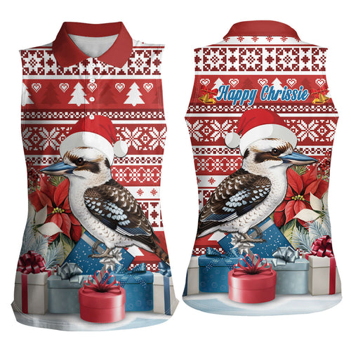 Australia Christmas In July Women Sleeveless Polo Shirt Kookaburra Santa Red Color