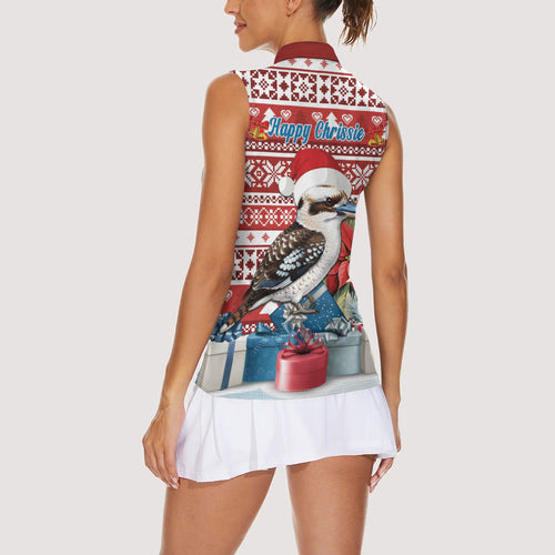 Australia Christmas In July Women Sleeveless Polo Shirt Kookaburra Santa Red Color