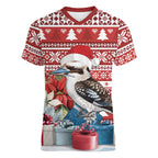 Australia Christmas In July Women V-Neck T-Shirt Kookaburra Santa Red Color