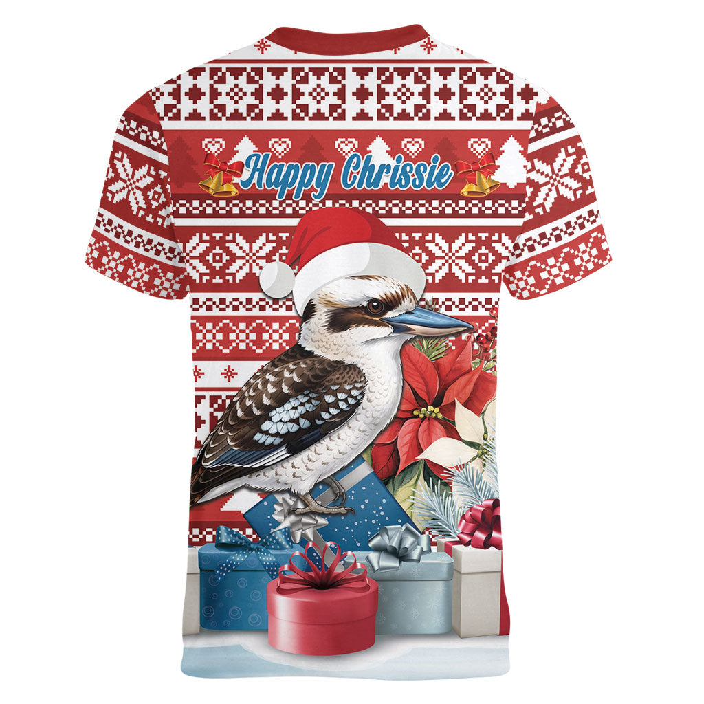 Australia Christmas In July Women V-Neck T-Shirt Kookaburra Santa Red Color