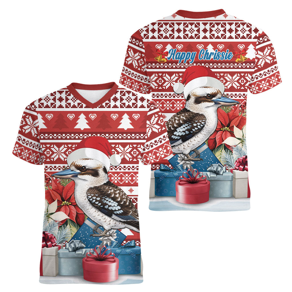 Australia Christmas In July Women V-Neck T-Shirt Kookaburra Santa Red Color
