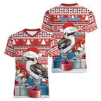 Australia Christmas In July Women V-Neck T-Shirt Kookaburra Santa Red Color