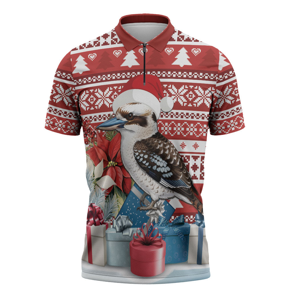 Australia Christmas In July Zipper Polo Shirt Kookaburra Santa Red Color