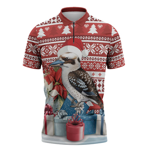 Australia Christmas In July Zipper Polo Shirt Kookaburra Santa Red Color