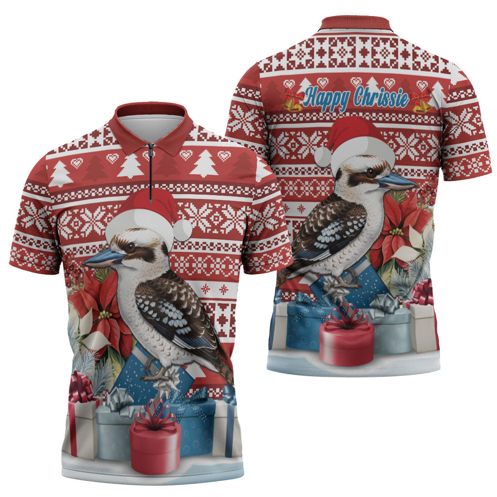 Australia Christmas In July Zipper Polo Shirt Kookaburra Santa Red Color
