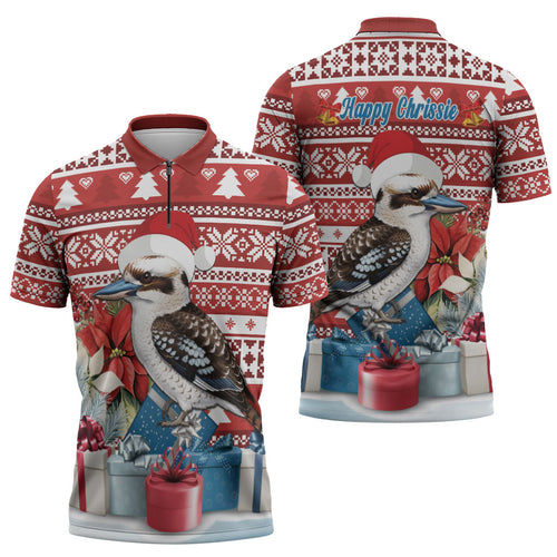 Australia Christmas In July Zipper Polo Shirt Kookaburra Santa Red Color