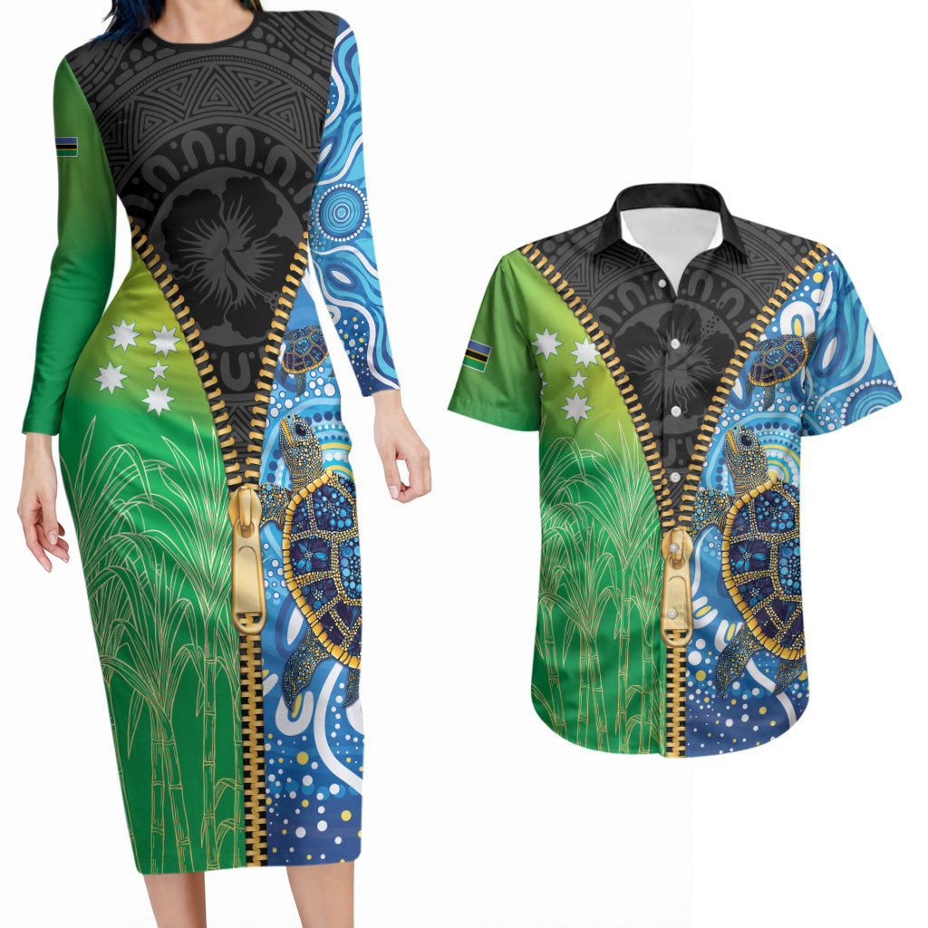 Australian South Sea Islanders National Recognition Day Couples Matching Long Sleeve Bodycon Dress and Hawaiian Shirt Aussie Sugar Cane Turtle Aboriginal Style