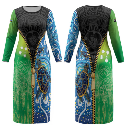 Australian South Sea Islanders National Recognition Day Couples Matching Long Sleeve Bodycon Dress and Hawaiian Shirt Aussie Sugar Cane Turtle Aboriginal Style