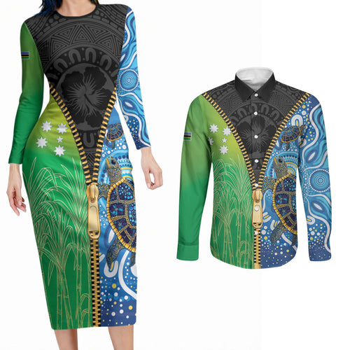 Australian South Sea Islanders National Recognition Day Couples Matching Long Sleeve Bodycon Dress and Long Sleeve Button Shirt Aussie Sugar Cane Turtle Aboriginal Style