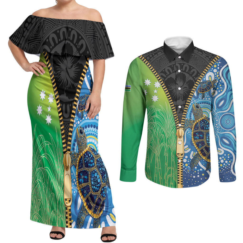 Australian South Sea Islanders National Recognition Day Couples Matching Off Shoulder Maxi Dress and Long Sleeve Button Shirt Aussie Sugar Cane Turtle Aboriginal Style