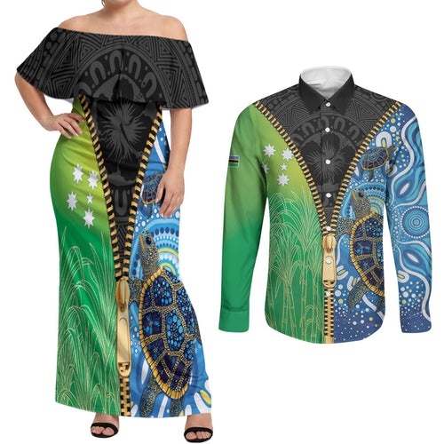 Australian South Sea Islanders National Recognition Day Couples Matching Off Shoulder Maxi Dress and Long Sleeve Button Shirt Aussie Sugar Cane Turtle Aboriginal Style