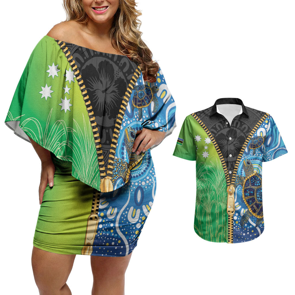 Australian South Sea Islanders National Recognition Day Couples Matching Off Shoulder Short Dress and Hawaiian Shirt Aussie Sugar Cane Turtle Aboriginal Style