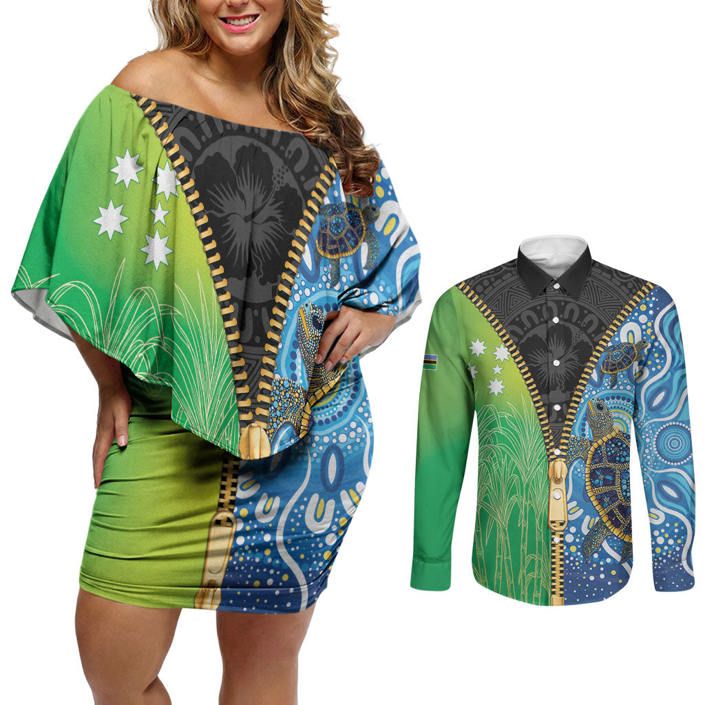 Australian South Sea Islanders National Recognition Day Couples Matching Off Shoulder Short Dress and Long Sleeve Button Shirt Aussie Sugar Cane Turtle Aboriginal Style
