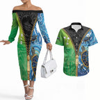 Australian South Sea Islanders National Recognition Day Couples Matching Off The Shoulder Long Sleeve Dress and Hawaiian Shirt Aussie Sugar Cane Turtle Aboriginal Style