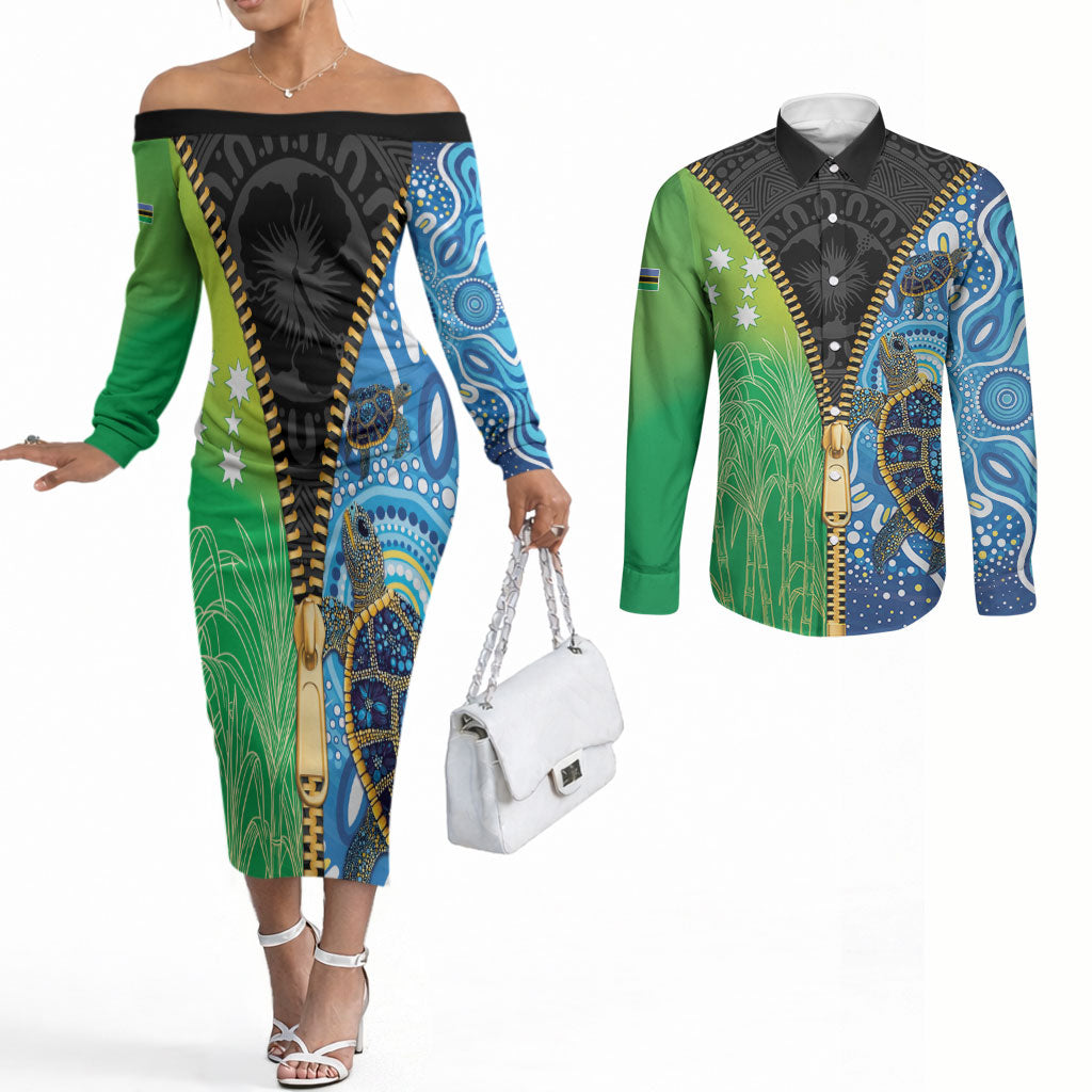 Australian South Sea Islanders National Recognition Day Couples Matching Off The Shoulder Long Sleeve Dress and Long Sleeve Button Shirt Aussie Sugar Cane Turtle Aboriginal Style