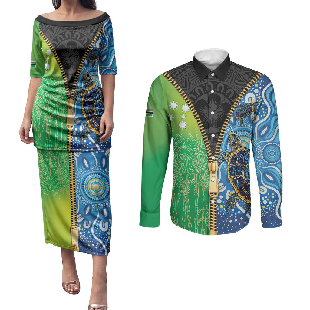 Australian South Sea Islanders National Recognition Day Couples Matching Puletasi and Long Sleeve Button Shirt Aussie Sugar Cane Turtle Aboriginal Style