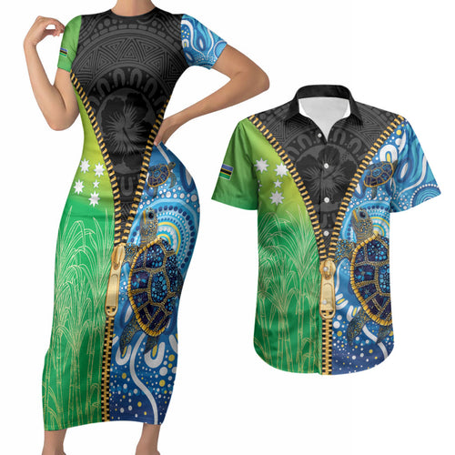 Australian South Sea Islanders National Recognition Day Couples Matching Short Sleeve Bodycon Dress and Hawaiian Shirt Aussie Sugar Cane Turtle Aboriginal Style