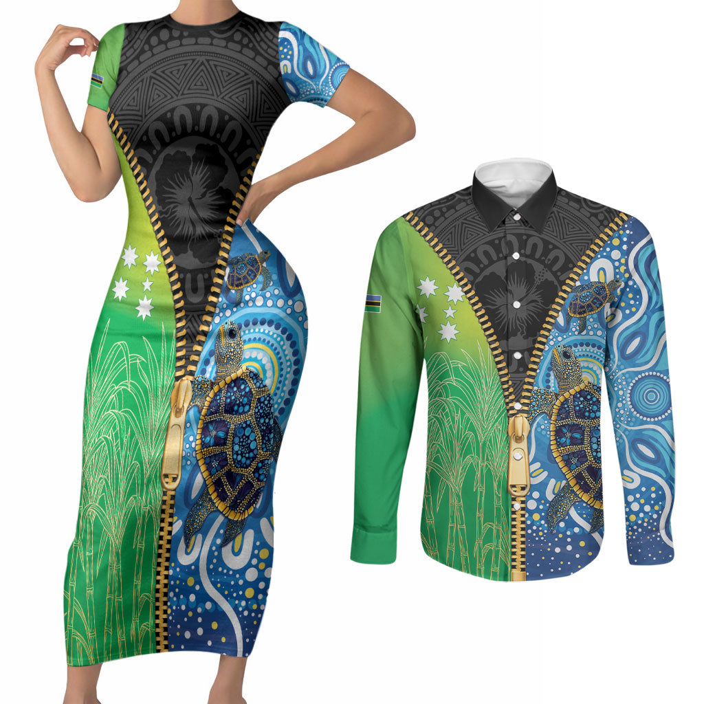 Australian South Sea Islanders National Recognition Day Couples Matching Short Sleeve Bodycon Dress and Long Sleeve Button Shirt Aussie Sugar Cane Turtle Aboriginal Style