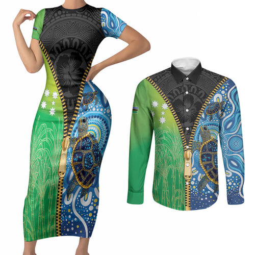 Australian South Sea Islanders National Recognition Day Couples Matching Short Sleeve Bodycon Dress and Long Sleeve Button Shirt Aussie Sugar Cane Turtle Aboriginal Style