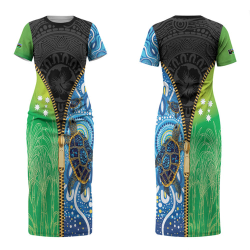 Australian South Sea Islanders National Recognition Day Couples Matching Short Sleeve Bodycon Dress and Long Sleeve Button Shirt Aussie Sugar Cane Turtle Aboriginal Style