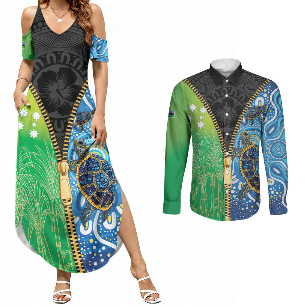 Australian South Sea Islanders National Recognition Day Couples Matching Summer Maxi Dress and Long Sleeve Button Shirt Aussie Sugar Cane Turtle Aboriginal Style