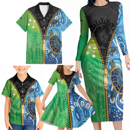 Australian South Sea Islanders National Recognition Day Family Matching Long Sleeve Bodycon Dress and Hawaiian Shirt Aussie Sugar Cane Turtle Aboriginal Style
