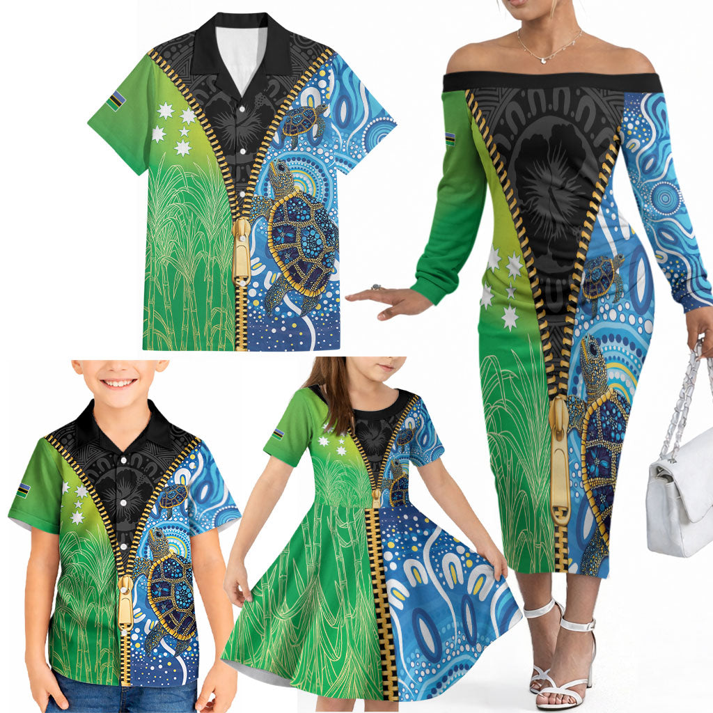 Australian South Sea Islanders National Recognition Day Family Matching Off The Shoulder Long Sleeve Dress and Hawaiian Shirt Aussie Sugar Cane Turtle Aboriginal Style