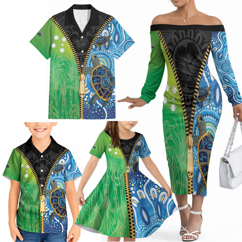 Australian South Sea Islanders National Recognition Day Family Matching Off The Shoulder Long Sleeve Dress and Hawaiian Shirt Aussie Sugar Cane Turtle Aboriginal Style