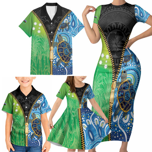 Australian South Sea Islanders National Recognition Day Family Matching Short Sleeve Bodycon Dress and Hawaiian Shirt Aussie Sugar Cane Turtle Aboriginal Style