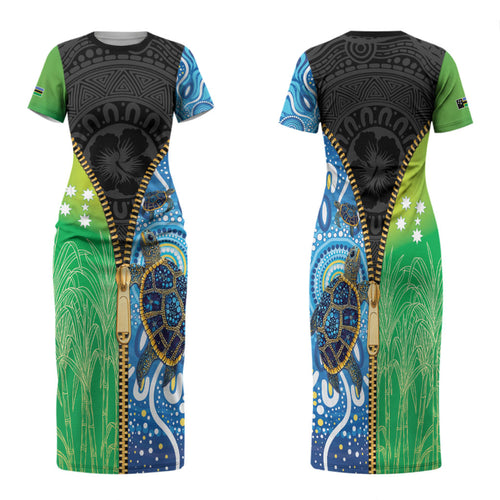 Australian South Sea Islanders National Recognition Day Family Matching Short Sleeve Bodycon Dress and Hawaiian Shirt Aussie Sugar Cane Turtle Aboriginal Style